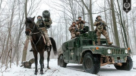 Members of Ukrainian Armed Forces have posed with their horses and western-supplied Javelin missiles (Picture: Subdivision Centuria Army/ Telegram).