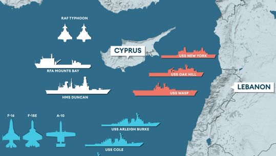 UK and US warships and aircraft gather in the Eastern Mediterranean ready for evacuation of citizens from Lebanon