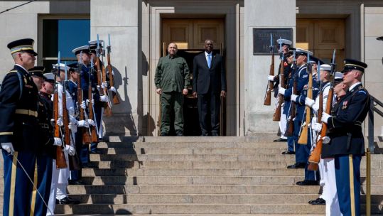 The US Government has pledged a further $2.3bn in support for Ukraine, pictured Minister of Defense of Ukraine Rustem Umerov with Secretary of Defense Lloyd J. Austin III at the Pentagon (Picture: Rustem Umerov, Minister of Defenсe of Ukraine)