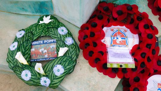 A white poppy wreath next to a conventional red poppy wreath CREDIT: UrbanImages / Alamy Stock Photo