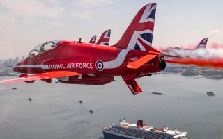 Hawk T1 jets from the Red Arrows joined more than 150 other aircraft in a stunning 4 July flypast over New York marking 250 years of US independence