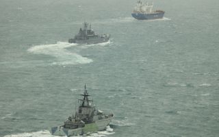 A previous instance when HMS Tyne and a Wildcat helicopter monitored two sanctioned Russian cargo ships in UK waters (Picture: MOD)