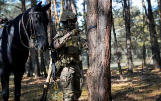 Soldier from HCMR bonding with his horse in a woodblock while taking a rest during mounted combat training ex