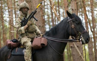 Lance Corporal of Horse Ben Chapman holds his SA80 L85A2 in the low port position during a mounted exercise on the Barossa Training Area at Sandhurst (Picture: MOD)