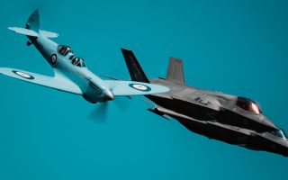 The Spitfire flies in formation with two F-35s as it makes its way to RAF Coningsby on the first leg of its round-Britain tour