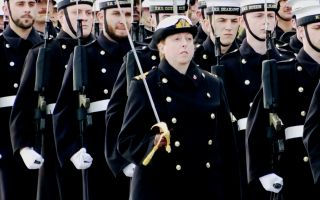 07112025 Lieutenant Commander Anna Sanocki marches alongside Royal Navy and Royal Marines CREDIT BFBS