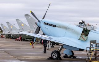 The Spitfire TR9 parks up alongside its modern counterparts at RAF Lossiemouth on the third leg of its Spitfire90 anniversary tour