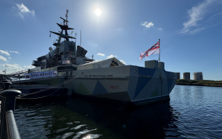 HMS Mersey, A River-class patrol vessel, which entered service in 2003, representing the Royal Navy at DSEI