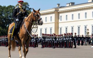Officer cadets on parade in front of Old College at the Royal Military Academy Sandhurst during the Sovereign's Parade