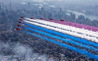 The Red Arrows flying over New York in 2019 during their last tour to the United States (Picture: RAF)