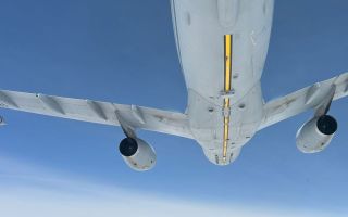 A view from a French A330 MRTT Phénix as an RAF Rivet Joint moves into position to commence air-to-air refuelling