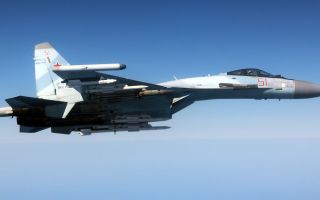 The Russian Su-35 pictured here flew close enough to trigger emergency systems on the Rivet Joint including disabling the autopilot system (Picture: MOD)