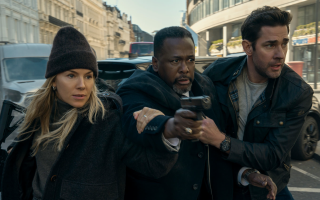 From L to R are actors Sienna Miller, Wendell Pierce and John Krasinski, stars of Tom Clancy's film Jack Ryan Ghost War released on Amazon Prime Video on 20th May 2026