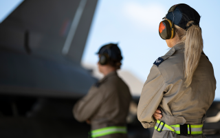 21012026 Royal Air Force Weapons Technician and Aircraft Technician wearing ear protection on Operation SHADER oversee a RAF Typhoon prior to flight CREDIT MOD