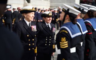 The cadets are inspected by Captain Sea Cadets Hannah MacKenzie VR RN (right) and Commodore Rachel Singleton - an experience that many other young people would find quite daunting (Picture: Sea Cadets)