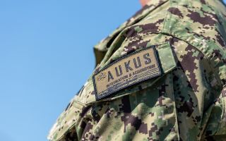 Aukus patch worn by Admiral William Houston of the US Navy, the director of the Naval Nuclear Propulsion Programme