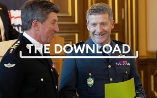General Sir Gwyn Jenkins speaks to Air Chief Marshal Sir John Stringer at the Leach lecture Download TN