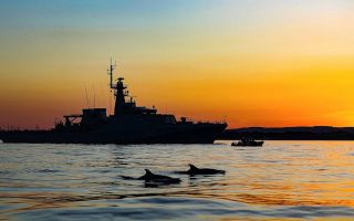 HMS Tamar with dolpins in the foreground