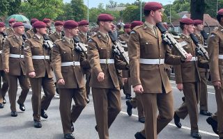 Members of The Parachute Regiment, the Defence Secretary's old regiment, march in the tri-service parade in Aldershot (Picture: BFBS)