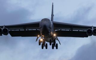 A B-52H Stratofortress comes in to land at RAF Fairford, which serves as the USAF's key operating base in Europe for other heavy bombers such as the B-1 Lancer and B-2 Spirit as well as the long-range recce U-2S Dragon Lady (Picture: MOD)