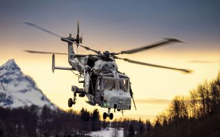 A Wildcat HMA2 helicopter from the Commando Helicopter Force takes flight in Norway during Operation Clockwork