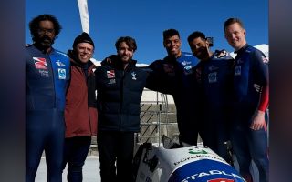 GB men's bobsleigh team with Rob Beckett and Romesh Ranganathan CREDIT Taylor Lawrence DATE 2025.jpg