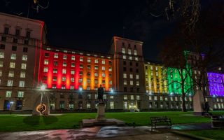 MOD Main Building HQ in London, illuminated with rainbow colours celebrated lifting of 'gay ban' 