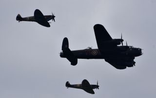 RAF Spitfire and Lancaster aircraft arriving at IWM Duxford as part of a memorial airshow marking the Battle of Britain 170923 CREDIT Battle of Britain Memorial Flight