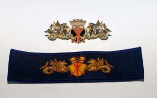 The new command pin is identical to the Royal Navy equivalents with two heraldic sea horses denoting sea power with a trident and crossed swords beneath a naval crown