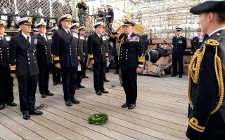 Second Sea Lord lays a wreath at the spot where Admiral Lord Nelson was shot and fatally wounded, during Trafalgar Day ceremony.