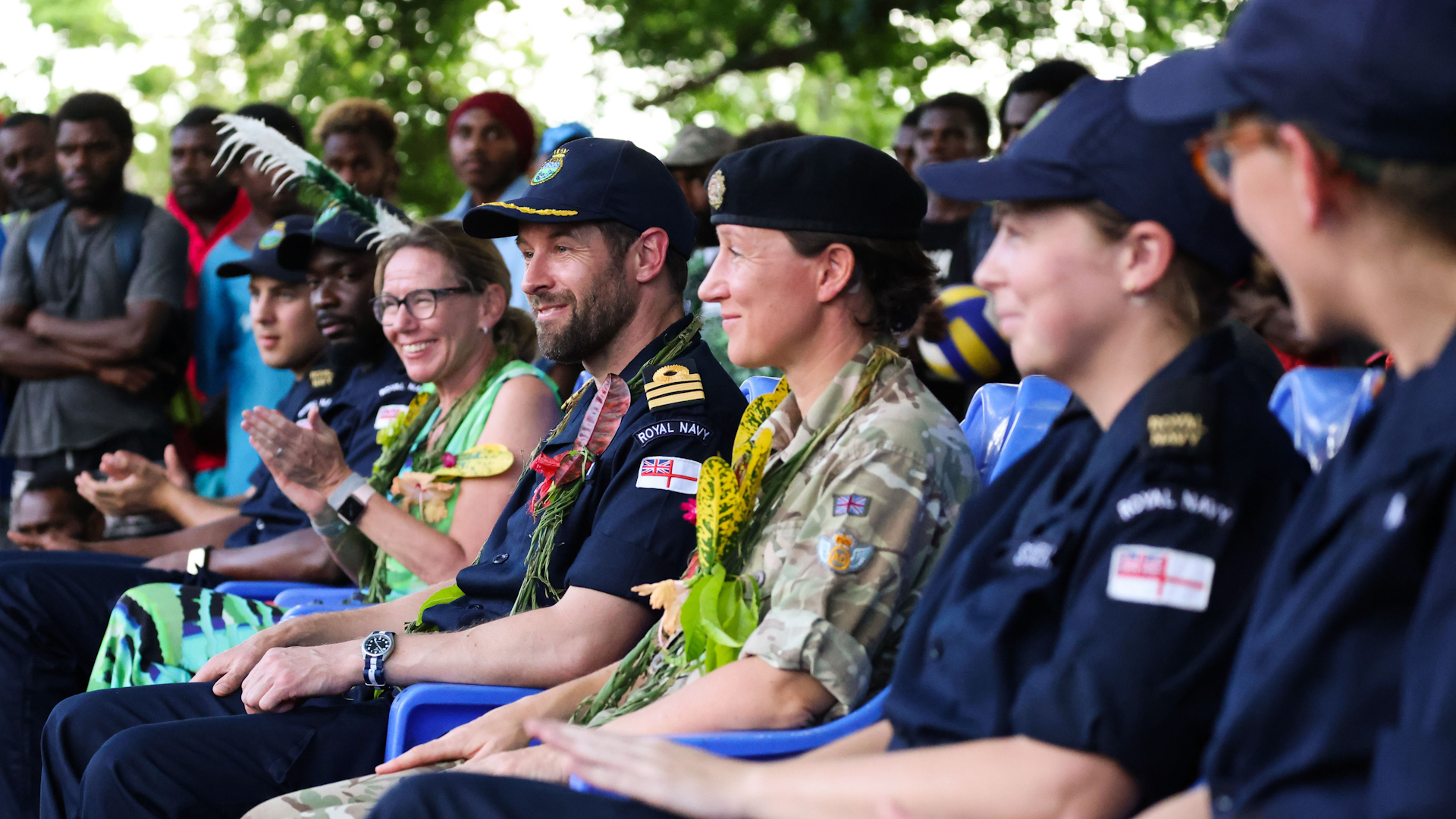 The crew of HMS Spey enjoyed a traditional ceremonial welcome from hundreds of residents from across the island (Picture: Royal Navy).