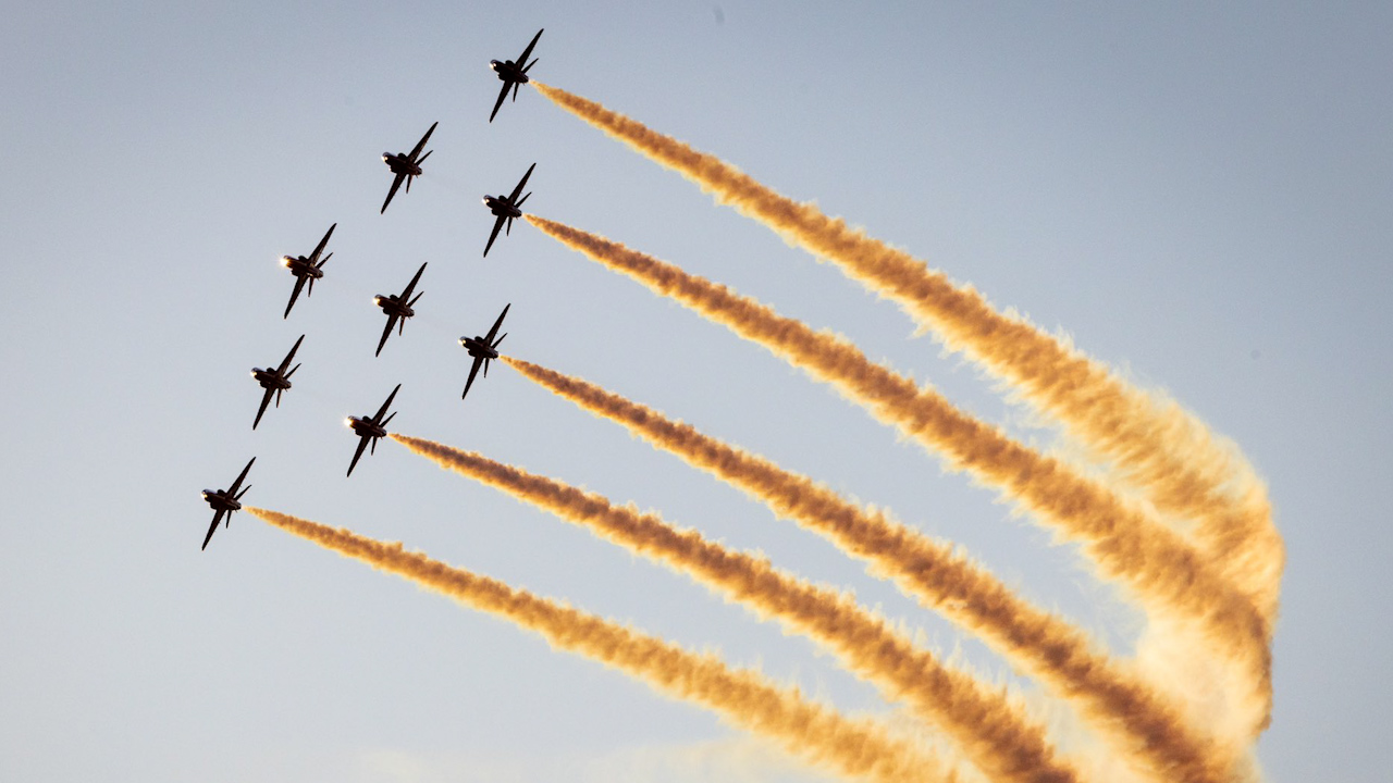The famous Red Arrow's display team flying above RAF Waddington in the first nine-aircraft flight for the new 2025 team (Picture: Red Arrows)
