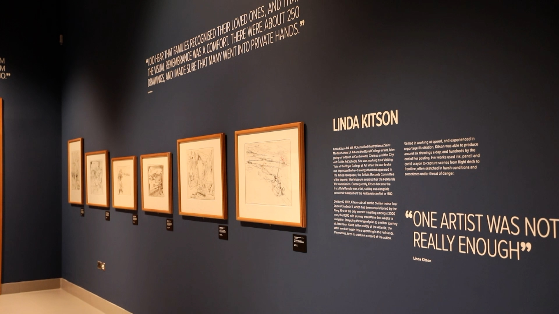 Linda Kitson's drawings depicting the Falklands War on display at the National Memorial Arboretum.