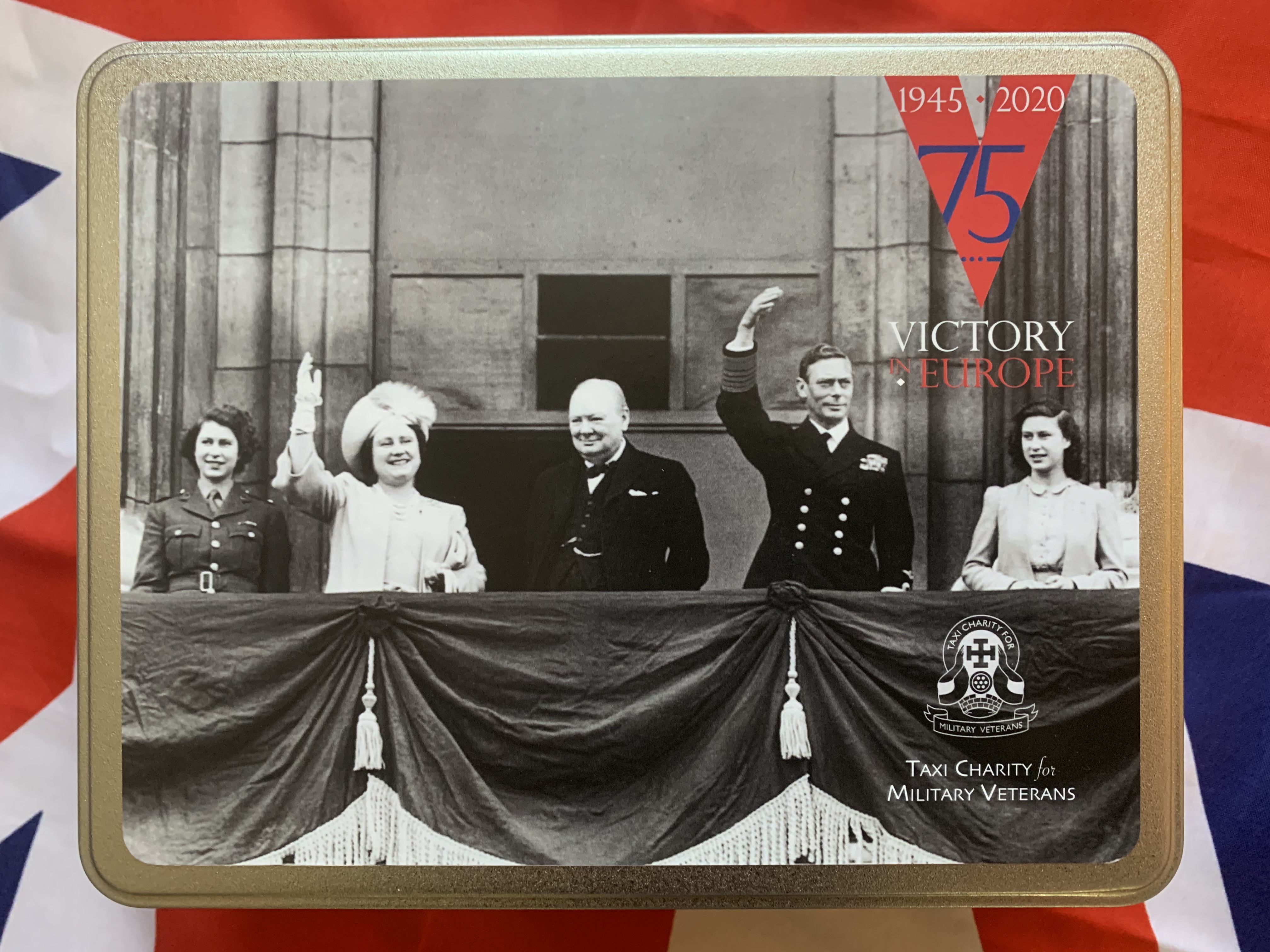 VE Day Biscuit Tin with Royal Family and Winston Churchill