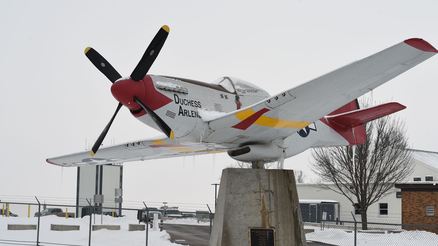 Tuskegee Airman Capt Bob Williams' P-51 Mustang outside the front gate of the 132d Wing in Des Moines Iowa CREDIT US Air National Guard