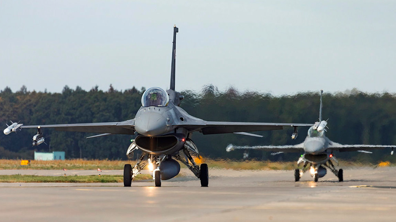 Polish F-16 fighter jets departing Poznan-Krzesiny Airbase to conduct training serials with Royal Air Force Typhoons to enhance interoperability and dogfighting skillset (Picture: MOD).