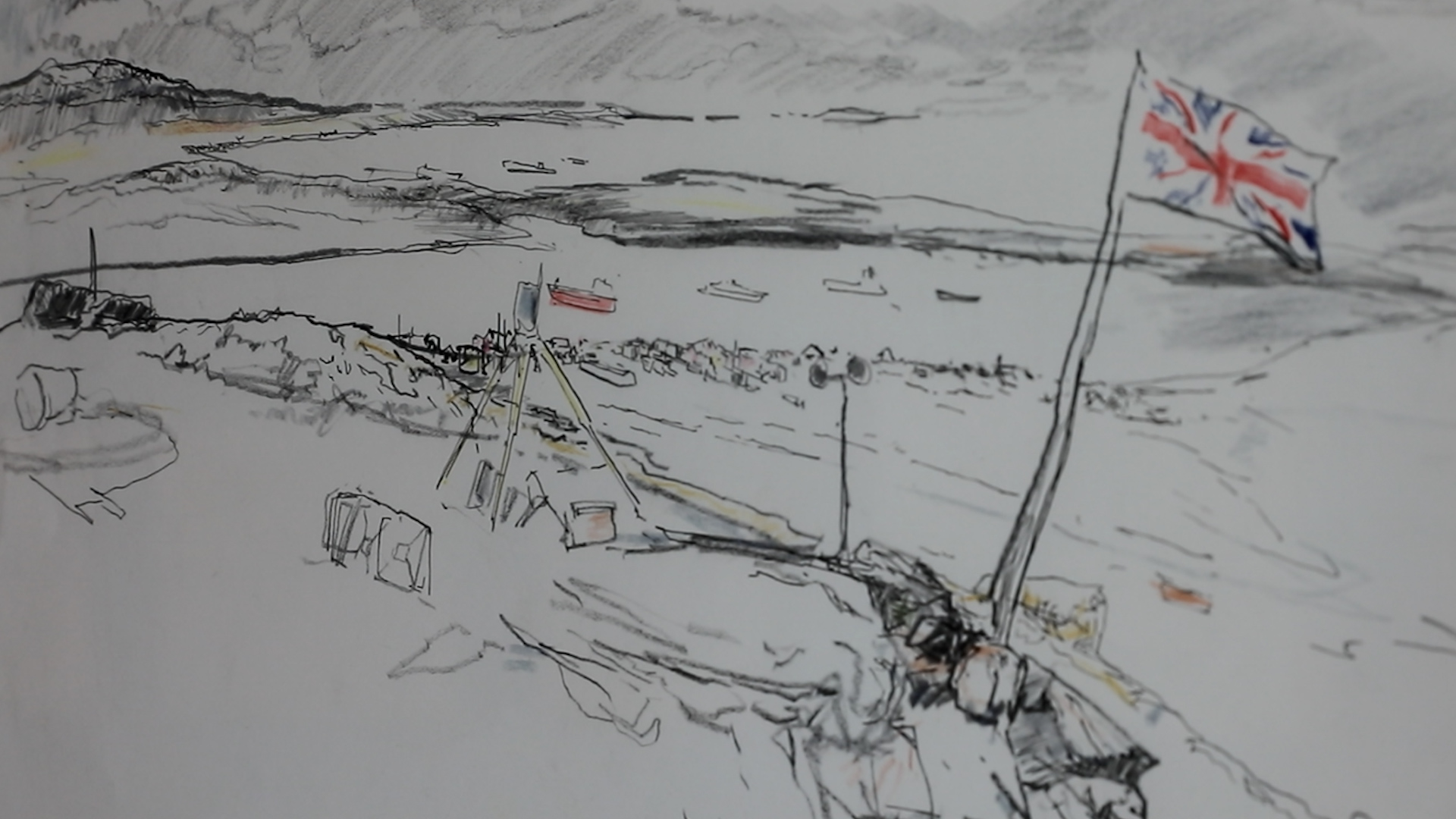 Linda had just a few minutes to make some her drawings. Here, we see landing craft in a bay in the distance. 