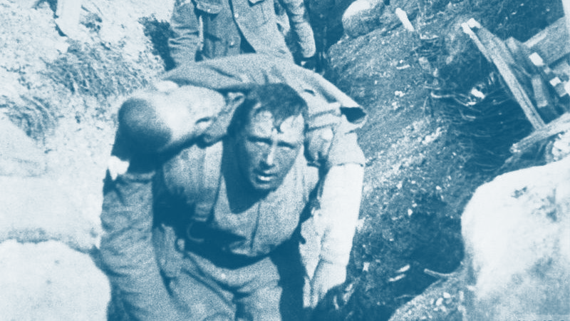 wounded man carried during the Battle of the Somme © IWM (Q 79501) - duotone
